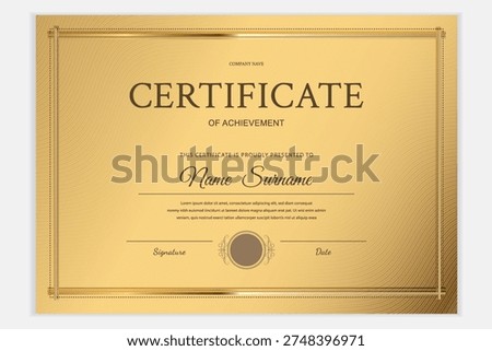 Golden certificate template for achievement. Horizontal landscape orientation. Elegant luxury style with guilloche background and thin gold frame. Suitable for diploma award or recognition.