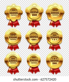 Golden certified rosettes, gold verify tokens and guarantee seals vector set