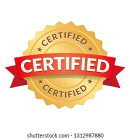 Golden Certified Sticker, Label, Badge, Seal With Red Ribbon 