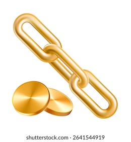 Golden chain 3d link, money blockchain payment. Gold coins attached link, network share exchange finance. Currency web hyperlink, realistic business partnership icon. Locked ring fintech website