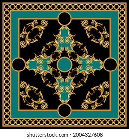 Golden chain with baroque element on a black background. EPS10 Illustration.