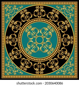 Golden chain with baroque pattern on green. Vector Illustration.
