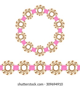 Golden chain bracelet or necklace with pink fabric ribbon vector brush. Good for jewelry accessory design.