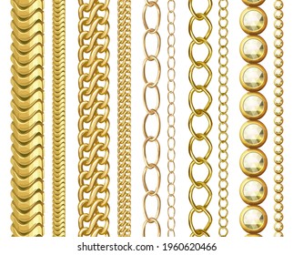Golden chain collection, vector cartoon illustration of jewelry chains isolated on white background