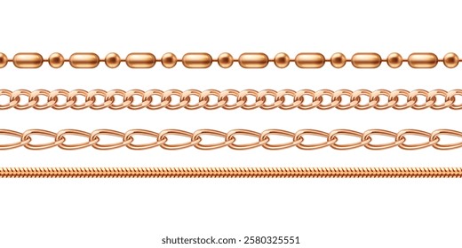 Golden chain jewel collection - yellow metallic links pattern, precious necklace variations, decorative beaded row, interlocking circular elements. Luxury accessories set for jewelry store design.