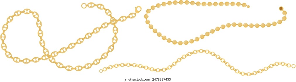 Golden chain jewelry design isolated white background. Shiny gold necklace fashion accessory vector graphic. Elegant metallic link chain illustration luxury adornment