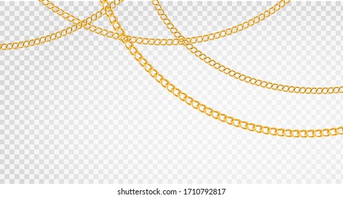 Golden chain. Luxury chains different shapes, realistic gold links jewelry, metal golden elements repeating pattern, vector jewellery set