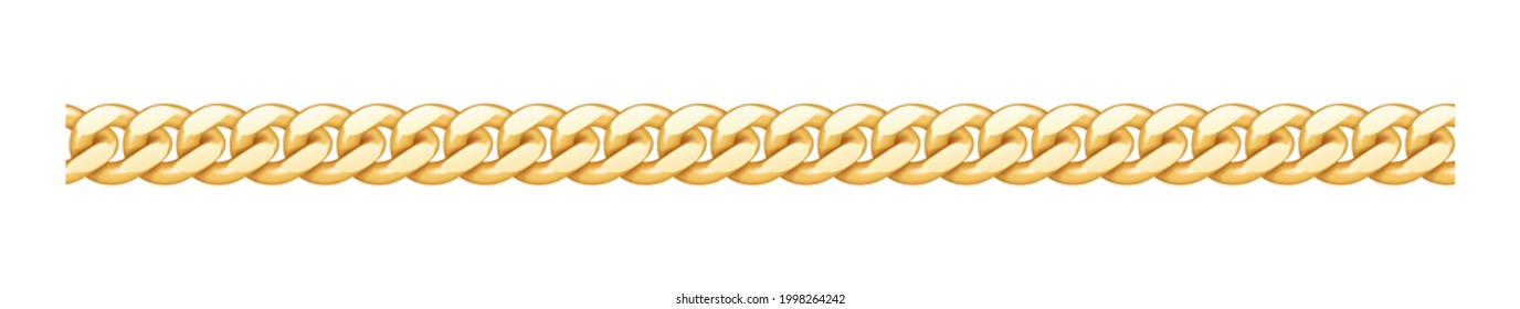 Golden chain. Luxury decorative chain, realistic gold jewelry links for necklace or bracelet, metal elements repeating pattern. Realistic vector illustration