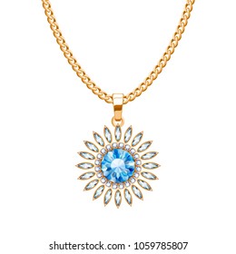 Golden chain necklace with blue gemstone and diamonds pendant. Jewelry design.