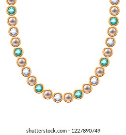 Golden chain necklace or bracelet with pearls and gemstones beads - diamonds and emeralds.