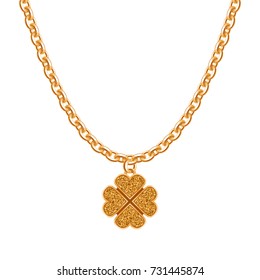 Golden chain necklace with clover pendant. Jewelry design.