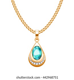 Golden Chain Necklace With Diamonds And Emerald Pendant Drop Shape. Jewelry Vector Illustration Design.