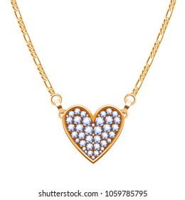 Golden chain necklace with diamonds gemstones pendant. Heart shape. Jewelry design.