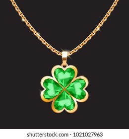 Golden chain necklace with lucky clover pendant. St Patrick's day irish symbol.