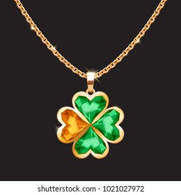 Golden chain necklace with lucky clover pendant. St Patrick's day irish symbol.