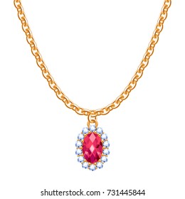 Golden chain necklace with ruby and diamonds gemstone pendant. Jewelry design.