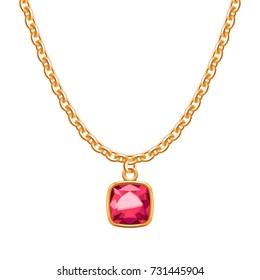 Golden chain necklace with ruby gemstone pendant. Jewelry design.