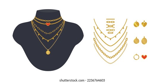 Golden chain necklaces and pendants set. Vector cartoon trendy minimalistic jewelry. Isolated objects for design with chain brushes included. 