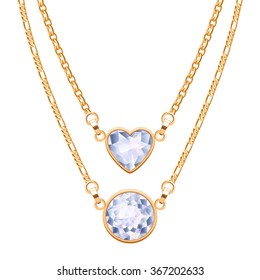 Golden Chain Necklaces Set With Round And Heart Diamond Pendants. Jewelry Vector Design.