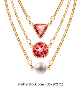 Golden chain necklaces set  with round and triangle ruby pendants and pearl. Jewelry vector design.