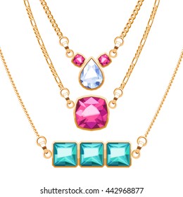 Golden chain necklaces set with ruby diamond and emerald gemstones pendants. Jewelry vector illustration design.