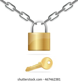 Golden Chain, Padlock and Key Isolated on White Background. Vector illustration