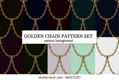 Golden chain pattern set on different colors background. Dark blue, marsala, brown chocolate, emerald, mint and etc. Dragon scale illustration.