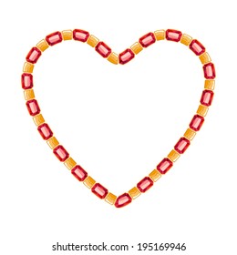 Golden chain with rectangle segments and red gemstones shaped in heart form. Good for valentine's day design.