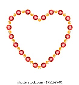 Golden chain of red round gemstones and golden beads shaped in heart form. Good for valentine's day design.
