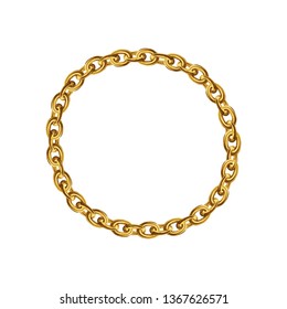 Golden chain round border frame. Wreath gold circle shape. Jewellery bracelet. Realistic vector illustration isolated on a white background. 