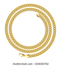 Golden chain round spiral border frame. Wreath circle shape. Jewelry design, text frame. Realistic vector illustration isolated on a white background.