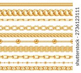 Golden chain seamless borders. Metallic pattern brushes with realistic jewelry gold links, luxury fashion accessory. Glossy necklace dividers, bracelet frames isolated 3D vector set.