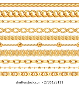 Golden chain seamless borders. Metallic pattern brushes with realistic jewelry gold links, luxury fashion accessory. Glossy necklace dividers, bracelet frames isolated 3D vector set.