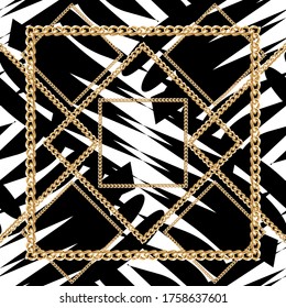 golden chain seamless pattern illustration on black background. Print for T-shirts, textiles.