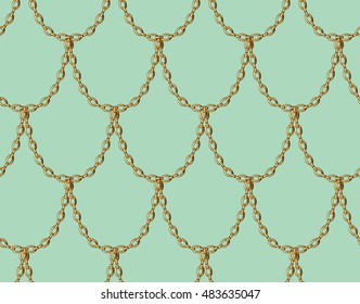 Golden chain seamless pattern on mint green background. Dragon scale vector art.