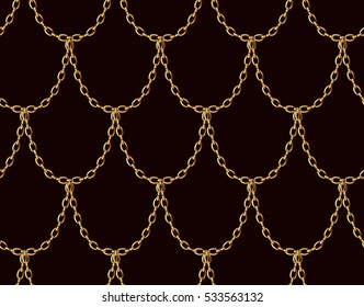 Golden chain seamless pattern on chocolate brown background. Gold Dragon scale vector art illustration.