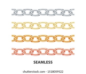 Golden chain seamless texture. Realistic platinum and silver chains link isolated on white background. Collection jewelry chainlet  set three dimensional