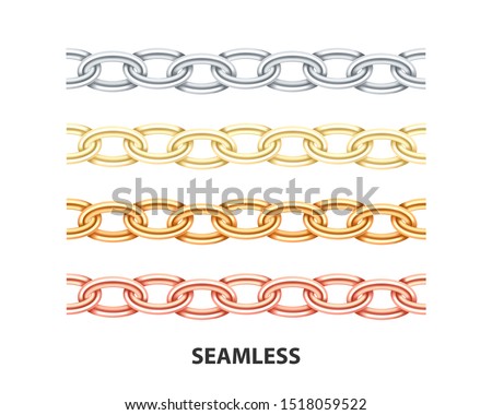 Golden chain seamless texture. Realistic platinum and silver chains link isolated on white background. Collection jewelry chainlet  set three dimensional