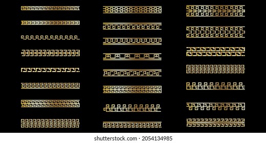 Golden chain set. Braid lines. Seamless border. Black background. Abstract pattern. Vector illustration. Stock image.
