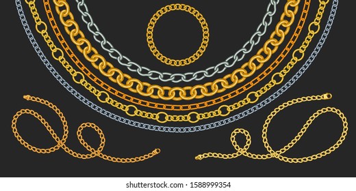 Golden chain set. Golden design necklace border chain and bracelet element vector isolated collection