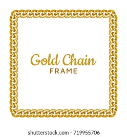 Golden Chain Square Border Frame. Rectangle Wreath Shape. Jewelry Design, Text Frame. Realistic Vector Illustration Isolated On A White Background.
