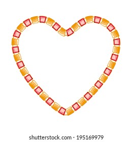 Golden chain with square segments and red gemstones shaped in heart form. Good for valentine's day design.