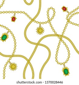 Golden chain, golden sun, ruby, emerals color seamless fashion pattern design, vector illustration background. Modern trendy endless texture for textile, silk, dress, clothes, paper, wallpaper print