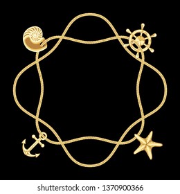 Golden chains, anchor, yacht wheel and seashell pattern. Fashion luxury marine gold background with jewelry pendants for textile prints, silk shawls, frames, templates with text place.