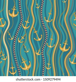 Golden chains, anchors jewelry accessories, striped cables seamless pattern on a vertical turquoise sea wave background. Baroque textile silk print, wallpaper. Braided 6 pattern brushes in the palette