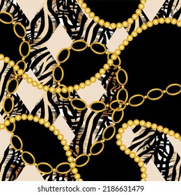 Golden chains with animal skin pattern. Vector Illustration.