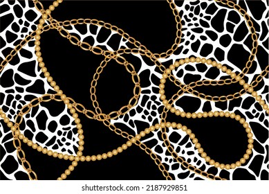 Golden chains with animal skin pattern. Vector Illustration.