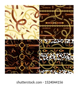 Golden chains and animalistic print vector seamless patterns set. Realistic brown belt with buckle on black background. Gold necklace with tassels decor. Tiger, leopard fur textile, fabric design.