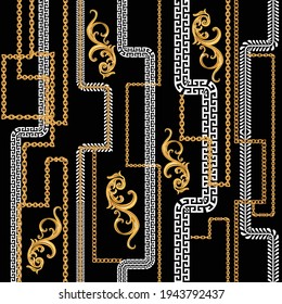 Golden chains Baroque Bakground Black Pattern, ethnic paisley pattern