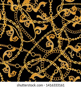 Golden Chains Baroque Jewelry Seamless Vector Pattern. Gold Accessory Backdrop for fashion Art Design. Decorative Trendy Bandanna Scarf
